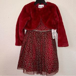 Rare Too Girl’s Formal Dress Gold Glitter Beaded Waistband Faux Fur Cardigan NWT
